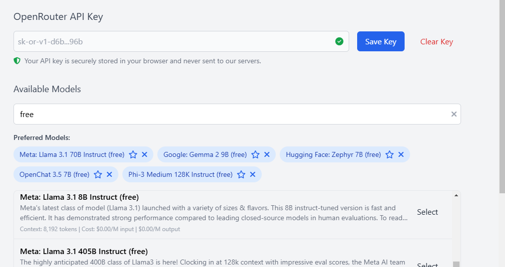 Open Router Key and Models